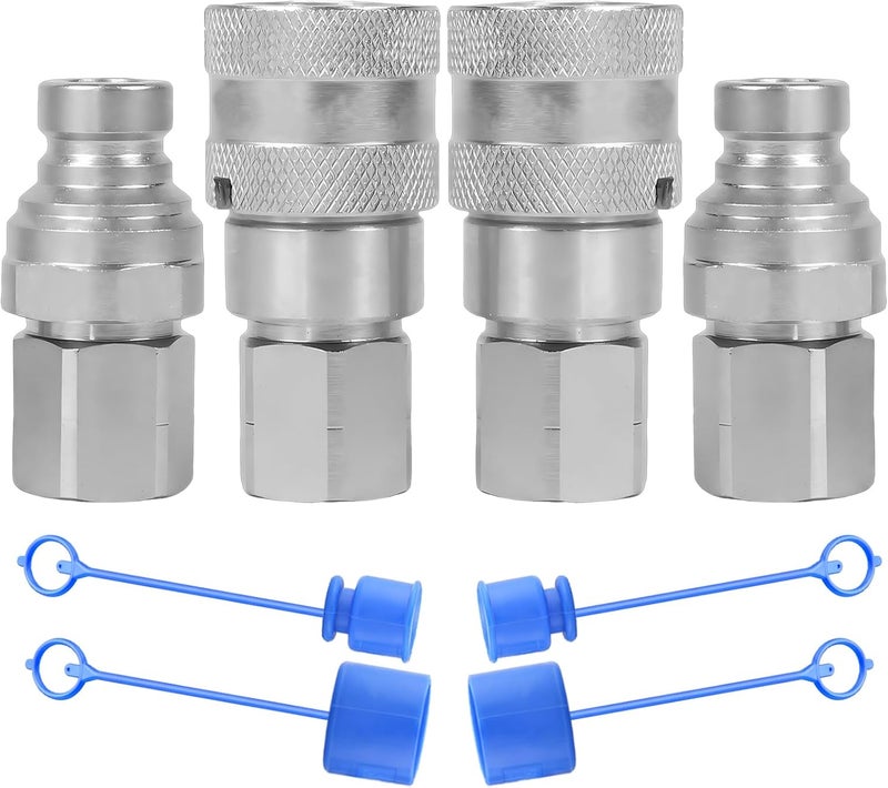 Cplbrb 1/4’’ NPT Flat Face Hydraulic Quick Connect Couplers/Couplings with Dust Caps, The Universal Bobcat Flat Face Quick Connect Fittings with with 1/4" Body ISO 16028 Standard-2Set - Image 1